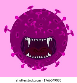 Vector illustration of Coronavirus, A purple virus on pink background, epidemic, covid-19 pandemic with fanged mouth.