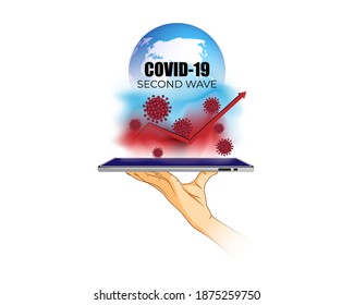 Ilustración vectorial del concepto de la segunda onda de Coronavirus. Comprimido en mano que muestra Covid-19 Gráfica de segunda ola, prevención y precauciones de la enfermedad, impacto del patógeno Covid-19.