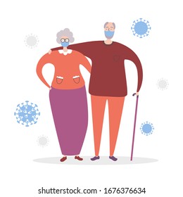 Vector illustration Coronavirus and Senior people. Old couple and virus Covid-19. Protect from the disease poster and card design. Elder generation and new type of pneumonia.