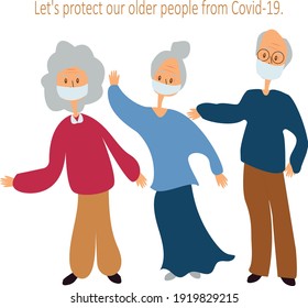 Vector illustration Coronavirus and Senior people. Let's protect our older people from Covid-19. Warning and informational poster design. Healthcare for elder generation.

