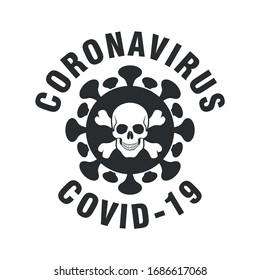 Vektorillustration von Coronavirus, Schädel, Knochen und Text auf weißem Hintergrund. Schwarz-Weiß-Illustration zu einem medizinischen Thema und der Epidemie des Coronavirus.Covid-19.