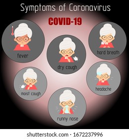 Vector Illustration Of Coronavirus Symptoms (Covid-19). Seth With An Old Woman. Fever, Headache, Dry And Wet Cough, Shortness Of Breath, Runny Nose.