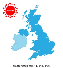 Ilustración vectorial del coronavirus en el Reino Unido. Mapa de Gran Bretaña con covid-19. Mapa del Reino Unido con símbolo de coronavirus para banner, web, icono, impresión, diseño de infografías.
