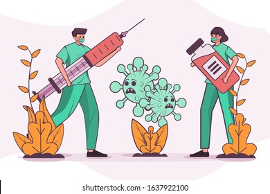 vector illustration coronavirus vaccine complete development. end of novel corona virus. 2019-ncov vaccine medicine. corona virus injection syringe. fight against coronavirus.