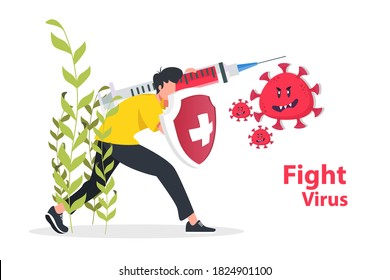 ilustración vectorial de la vacuna coronavirus completo desarrollo. fin del nuevo virus de la corona. Medicina vacunal 2019-ncov. jeringa para inyección de corona virus. lucha contra el coronavirus.