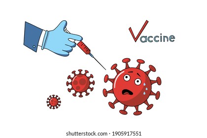 vector illustration coronavirus vaccine. end of novel corona virus. 2019-ncov vaccine medicine. corona virus injection syringe. 
the medic's hand holds a syringe aimed at the coronavirus molecule