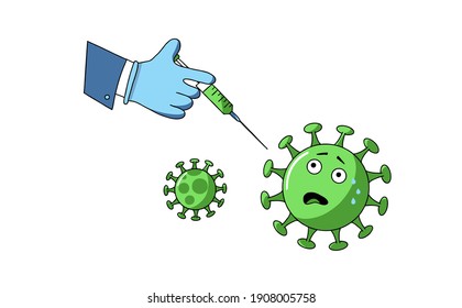 vector illustration coronavirus vaccine. end of novel corona virus. 2019-ncov vaccine medicine. corona virus injection syringe. 
the medic's hand holds a syringe aimed at the coronavirus molecule
