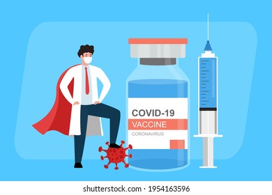 Vector illustration coronavirus vaccine. Fighting the disease. Doctor with big syringe for vaccine injection. Vaccination concept.