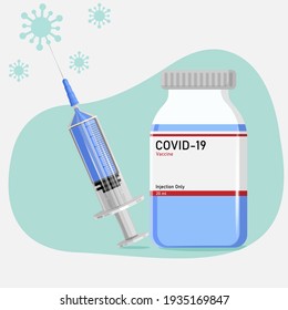 Vector illustration of coronavirus vaccine. Medical disposable syringe with needle and vaccine bottle. Flat icon. Covid 19 concept.
