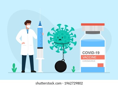 Vector illustration of coronavirus vaccine. Medical doctor character with  huge syringes to inject and vaccine bottle covid-19.