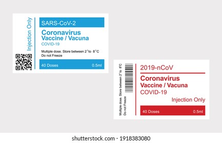 Vector Illustration Of Coronavirus Vaccine Package Label Stickers Set. Red And Blue Colour Set. Banner Format .. 