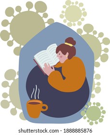 Vector illustration of coronavirus viruses around the girl who stays home and reads a book with a cup of coffee or tea, in the safety of her house during world Covid-19 pandemic.
