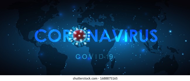 Vector illustration of a coronovirus cell on a world map background. Epidemic, pandemic, medicine, virus vaccine. EPS 10.