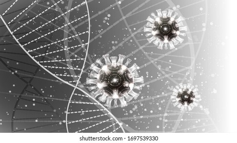 Vector illustration of coronovirus particles on the background of a human DNA molecule.Epidemic, pandemic, medicine, virus vaccine. EPS 10.