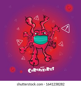 Vector illustration of a coronovirus, virus, virus character in a medical bandage, China, warning about coronovirus.