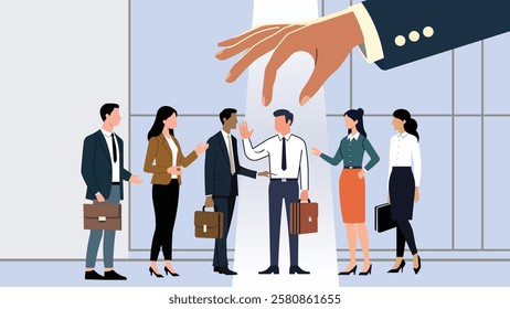 Vector illustration of a corporate hiring process showing business professionals in discussion while a giant hand selects a candidate. Ideal for HR, recruitment, career, and business-related visuals.