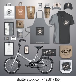 Vector illustration corporate identity, fast food, delivery bikes. Template designs of corporate style in dark colors