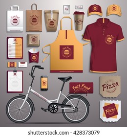 Vector illustration corporate identity, fast food, delivery bikes. Template design of corporate identity red, yellow