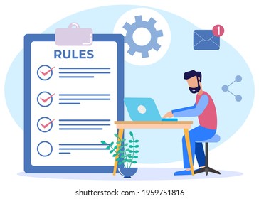 Vector illustration for corporate order concept, boundaries, laws, regulations. Business people study lists of rules, guidelines for reading, make checklists.