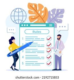 Vector illustration for corporate order concept, boundaries, laws, regulations. Business people study lists of rules, guidelines for reading, make checklists.