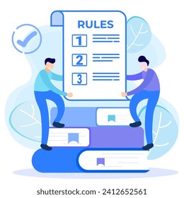 Vector illustration for corporate order concept, boundaries, laws, regulations. Business people study lists of rules, guidelines for reading, make checklists.