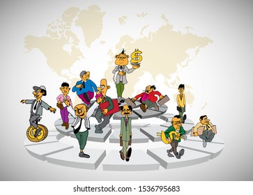 Vector illustration of corporate structure, cartoon character of business team