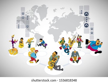 Vector illustration of corporate structure, cartoon character of business team