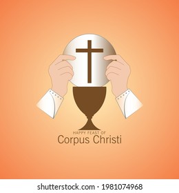 Vector illustration of Corpus Christi Catholic religious holiday greeting card, template for your design. Feast Day, cross, bread, grapes. 