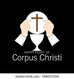 Ilustración vectorial de la tarjeta de saludo de las fiestas religiosas católicas de Corpus Christi, plantilla para su diseño. Día de la Fiesta, cruz, pan, uvas. 