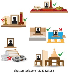 Vector illustration correct ancestral shelf arrangement, belief, Chinese culture.