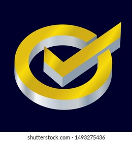 Vector illustration. Correct or ok sign in three dimensions and gold colors.
