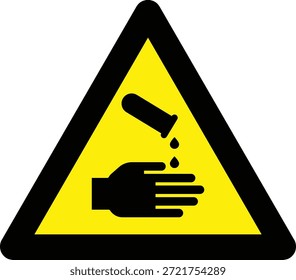 Ilustración vectorial de una señal de advertencia de sustancia corrosiva que muestre el goteo de líquido en una mano, indicando peligro químico o riesgo de seguridad.