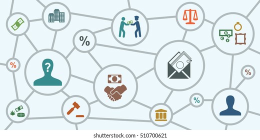 ilustração vetorial de esquema de corrupção ou gestão de empresas offshore incluindo símbolos e ícones de fraude de fraude de fraude de corrupção