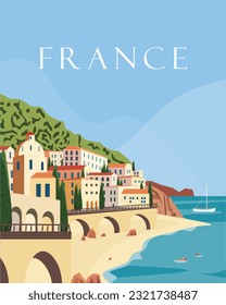 Vector illustration. Corsica, France. Design for poster, banner, postcard. Tourism, recreation.