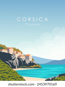 Vector illustration. Corsica. France. Design for poster, banner, cover, postcard. Poster on the wall. Decor. Modern design. tourism.