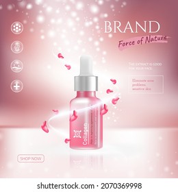 Ilustración vectorial de anuncios cosméticos Botella de cuidado de la piel y rosa rosa rosa rosa rosa rosa claro de fondo rosa