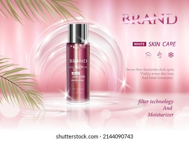 Vector illustration of Cosmetic ads template with essence bottle and old leaves on light pink background.