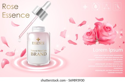 Vector illustration of Cosmetic ads template with essence bottle and red rose on light pink background