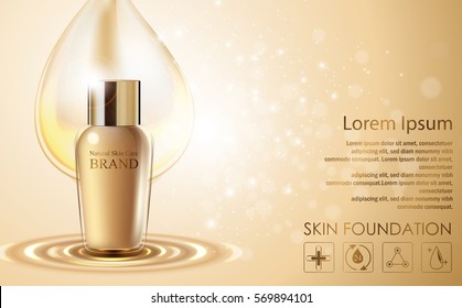 Vector illustration of Cosmetic ads template with golden bottle package design