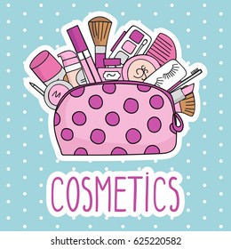 Vector illustration cosmetic bag with cosmetics. on a white background. A set of cosmetics - lipstick, mascara, comb, shadows, a brush, a hairspray, a lipgloss