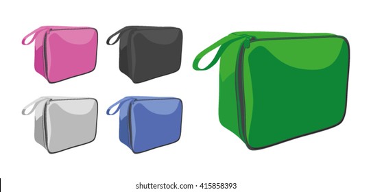 Vector illustration of cosmetic bags, travel bags in different colors: pink, black, white, blue, green