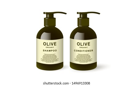 Vector illustration of cosmetic bottles isolated on white. Shampoo bottle design. Template of cosmetic containers with shampoo and conditioner.