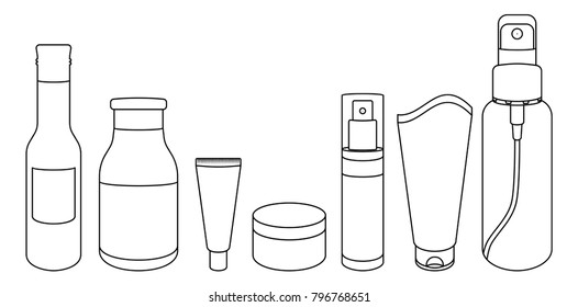 Vector illustration of cosmetic bottles. Outline drawing of package for cosmetic.