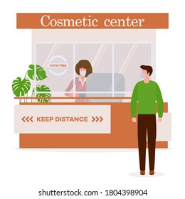 Vector illustration Cosmetic center. Reception room. Receptionist in protective medical mask and gloves behind workplace and customer. New normal. Cosmetology Health care concept Design for web, print