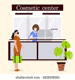 Vector illustration Cosmetic center. Reception room. Receptionist in protective medical mask and gloves behind workplace and customer. New normal. Cosmetology Health care concept Design for web, print