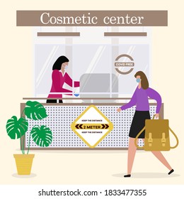 Ilustración vectorial Centro cosmético. Sala de recepción. Recepcionista con máscara y guantes médicos protectores detrás del lugar de trabajo y el cliente. Nuevo normal. Cosmetología Concepto de atención de la salud Diseño para web, impresión