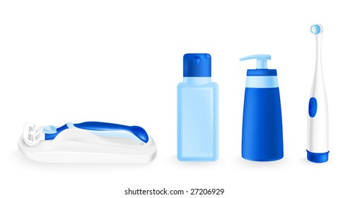 vector illustration of cosmetic containers, tooth brush and safety razor