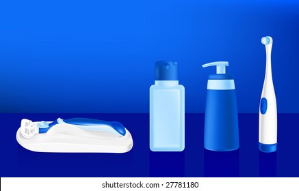 vector illustration of cosmetic containers, tooth brush and safety razor