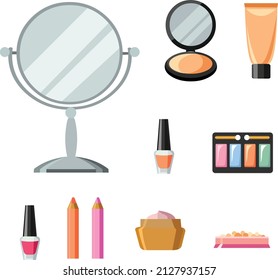 Vector illustration for cosmetic design. Beauty style isolated on white background. Makeup artist objects. Makeup accessories for a beautiful woman.