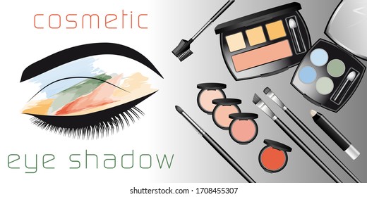 vector illustration of cosmetic for eyes - eyeshadow and brushes.